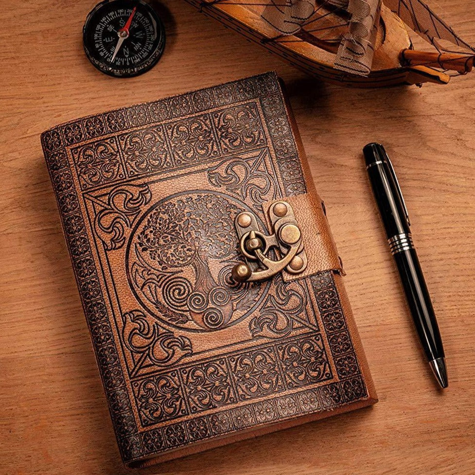 Aisling - A5 Handmade Leather Journal - Antique Tree of Life Design - Plain Paper 18cm x 13cm - Dreamkeeper Journals