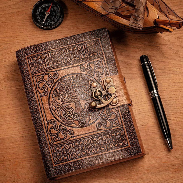 Aisling - A5 Handmade Leather Journal - Antique Tree of Life Design - Plain Paper 18cm x 13cm - Dreamkeeper Journals